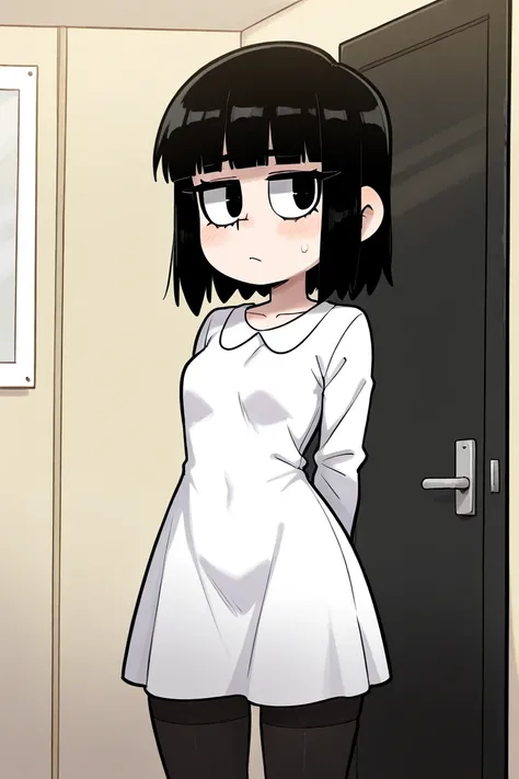 A girl with black hair, black eyes, wearing a white shirt-dress and black stockings. 