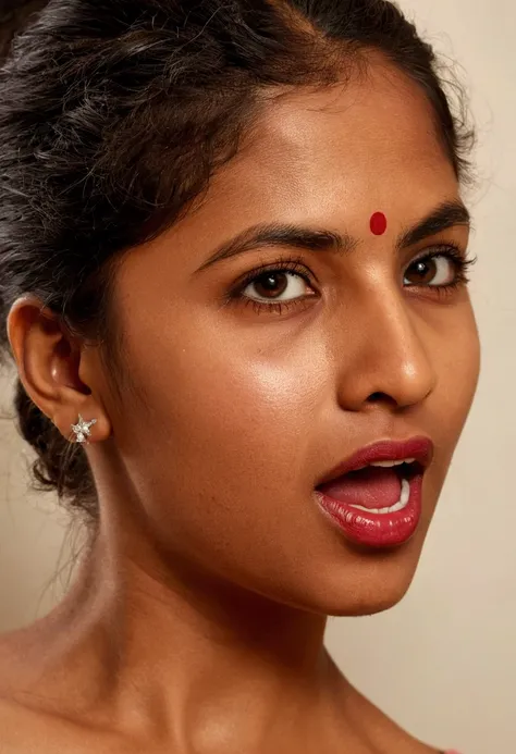 Ultra detailed photo of tamil woman, beautiful girl, highest quality realistic skin, eyes in focus, 30 years old, focus on mouth, open mouth, saliva, open mouth wide, inside of mouth visible, ponytail hair, mouth open wide, uvula visible, mouth open wide y...