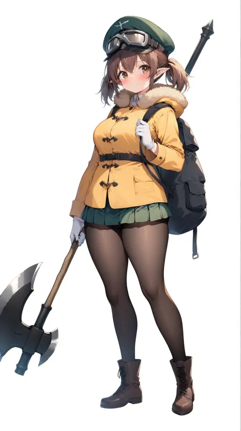 solo, (((A very short girl))), ( plump body ), ( plump face), Thick thighs,( short legs), Hand gloves , (Big Axe), ( white background), ( standing picture),  Masterpiece, fuzzy brown duffle coat, dark green mini skirt ,  black pantyhose,  Hunting Hat ,  He...