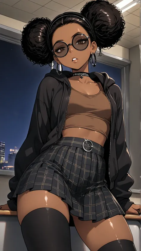 1Girl, Mature, Ebony, African American, Dark Skin, Jet Black Hair, Afro, Double Bun, Shiny Hair, Bright Brown Eyes, Black Nails, Dark Brown Eye Shadow, Medium Chest, Brown Cropped High-Cut Hoodie, Brown Tank-Top, Black Circular Glasses , Black Plaid Skirt,...