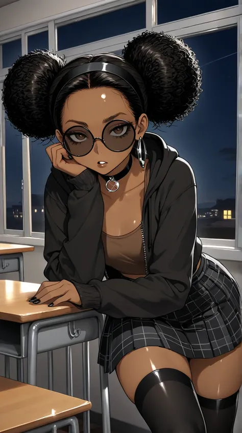 1Girl, Mature, Ebony, African American, Dark Skin, Jet Black Hair, Afro, Double Bun, Shiny Hair, Bright Brown Eyes, Black Nails, Dark Brown Eye Shadow, Medium Chest, Brown Cropped High-Cut Hoodie, Brown Tank-Top, Black Circular Glasses , Black Plaid Skirt,...