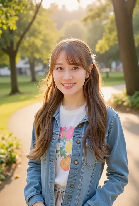 A teenage girl with long, curly blonde hair, wearing a casual denim jacket over a graphic T-shirt. She is standing in a park during sunset, with a bright smile and hands in her pockets. The golden hour lighting creates a warm, cheerful atmosphere around he...