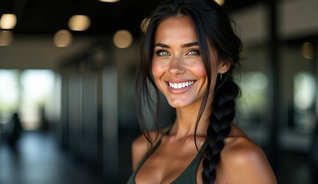  Hyperrealistic photograph of a 33-year-old woman , of tanned skin, extreme realistic beauty ,  Realistic water green eyes, very long hair like a braided black horse's tail and realistic full lips,  woman smiling with realistic teeth and large breasts with...