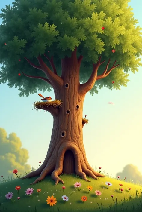 Scene 1 Prompt: A tiny sparrow, Pip, builds his nest in a tall oak tree. He's proud of his cozy home and sings happily. Show the beautiful oak tree, Pip's small nest, and Pip singing.
(Story) Pip, a tiny sparrow, had built the coziest nest in the tallest o...