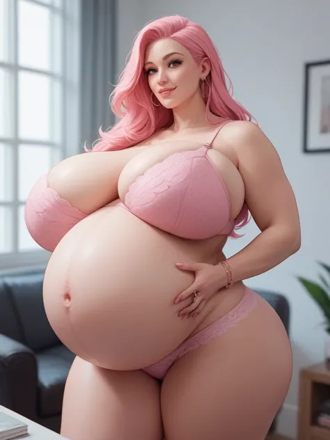 pink long hair woman; huge body; gigantic breasts; more gigantic pregnant belly; huge thickness legs; legs hair, alone, at home, wearing pink bra and pink panties, 