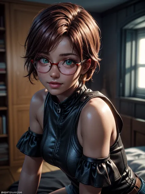  close-up,  upper body . Short,  red hair,  green eyes, (metal frame glasses with diopters:1.2), cap, the shirt , mini shorts, smiling  girl in the room. ( Masterpiece ,  top quality ,  better quality,  official art ,  beautiful and aesthetic:1.2),  extrem...