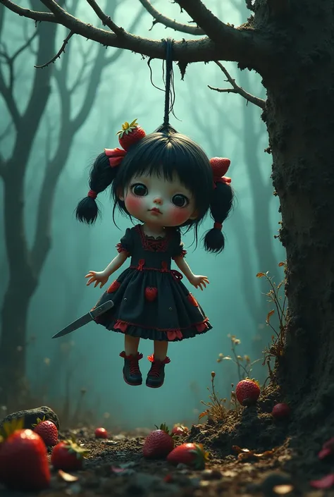 can you draw cute death rotting strawberry witch hang herself on tree to commit suicide with knife int her chest