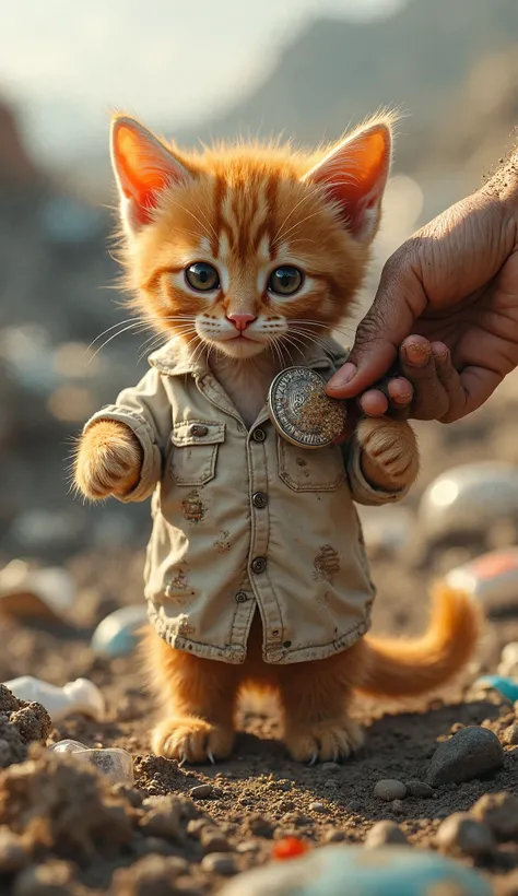 A highly detailed, ultra-realistic 4K digital painting of a small orange kitten wearing a tattered, dirty white shirt with visible holes and stains. The kitten is receiving money from a rough, dirty human hand, symbolizing hardship. The setting is a garbag...