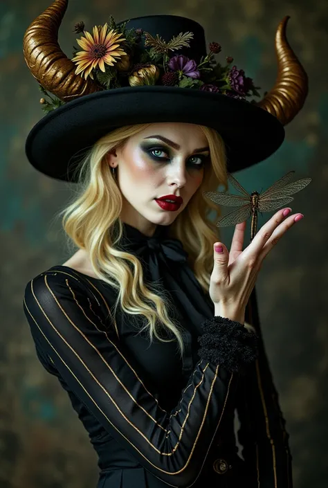  Leah Halton woman with blond hair reflections balayages green eyes dressed @ wearing a dark and striking outfit ,  that includes a buffoon hat with horns and striped garments .  Her face is dramatically made up and is holding a dragonfly on her hand.  The...