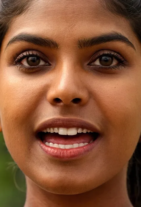 Ultra detailed photo of tamil woman, beautiful girl, highest quality realistic skin, eyes in focus, 30 years old, focus on mouth, open mouth, saliva, open mouth wide, inside of mouth visible, ponytail hair, mouth open wide, uvula visible, mouth open wide y...