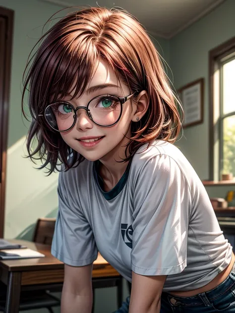  close-up,  upper body . Short,  red hair,  green eyes, (metal frame glasses with diopters:1.2), cap, the shirt , mini shorts, smiling  girl in the room.