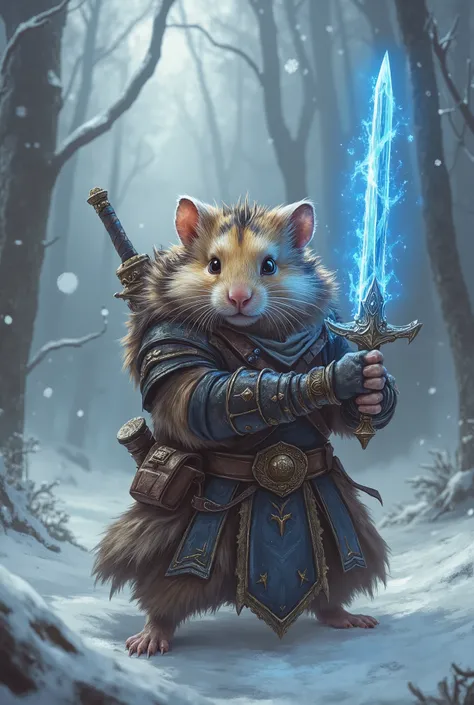 hamster dressed like the dragonborn from skyrim,  masterpiece,  best quality , Super Detail,an epic,4K,snowy forest ,  wears fur armor ,  holds a glowing blue sword, In fantasy art style ,  cinematic light ,  studio lighting ,  8k resolution .