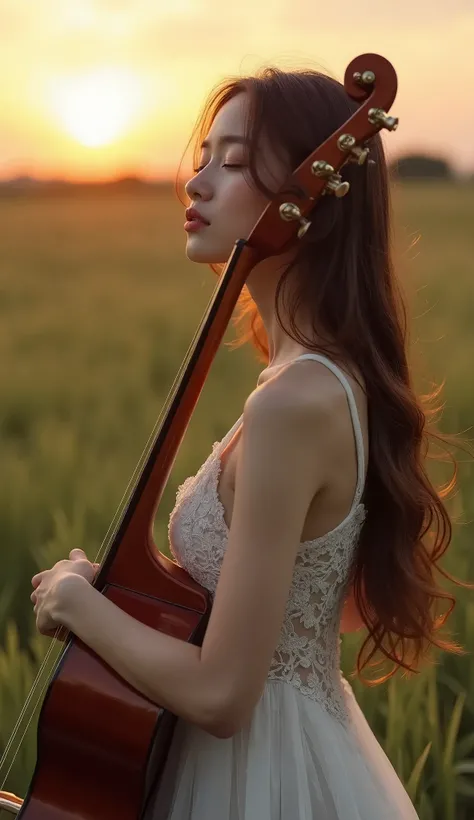 [Prompt: Dreamy portrait of a stunning beautiful and super sexy young thai woman with long brown hair, perfect hourglass body shape, big breasts cup E, no bras, eyes closed, peacefully leaning against a classical guitar, wearing a delicate thin white trans...