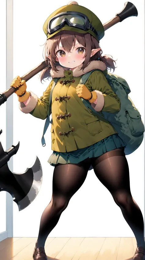 solo, (((Under 80 cm tall ))), ((( small  girl ))), ( plump body ), ( plump face), Thick thighs,( short legs), Hand gloves , (Big Axe), ( white background), ( standing picture),  Masterpiece, fuzzy brown duffle coat, dark green mini skirt ,  black pantyhos...