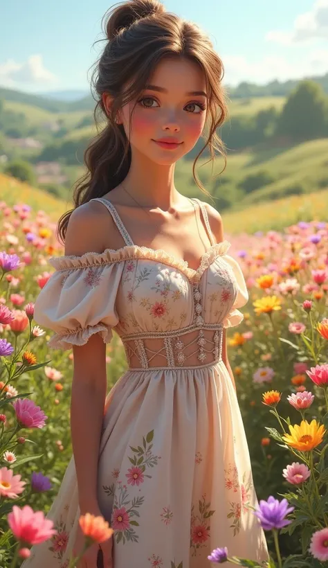 A pretty French girl in a cute dress, standing in a flower field.

