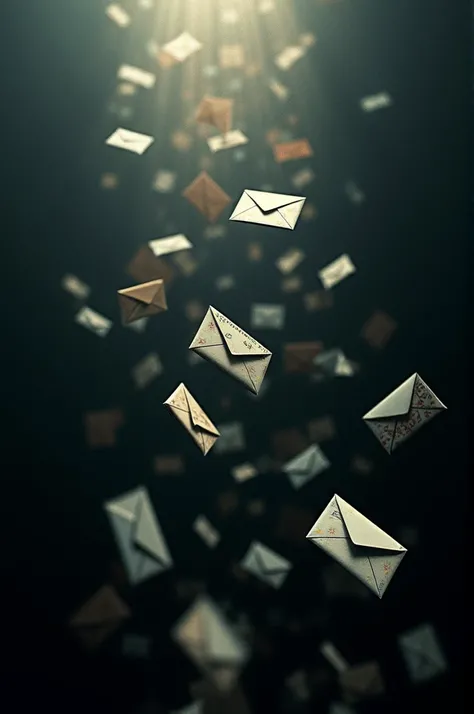 Many letter envelopes are falling from the sky. The background is black