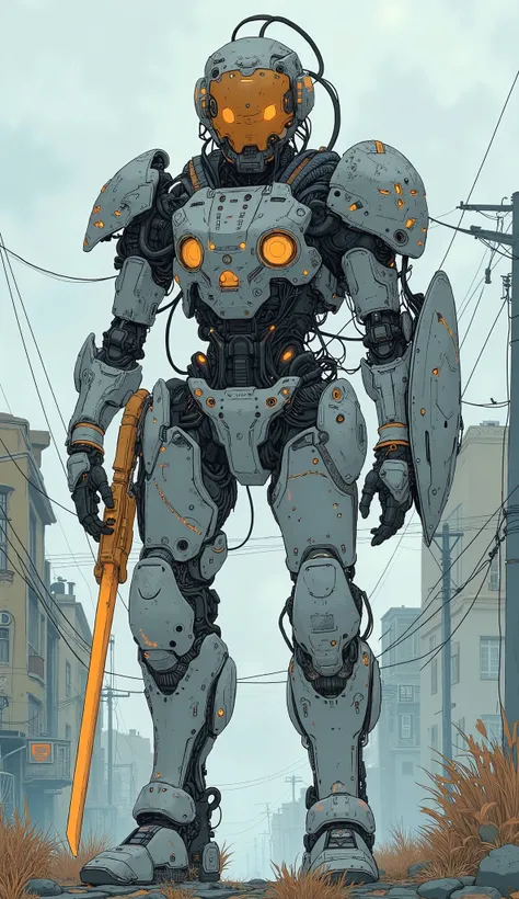 facing the front、Futuristic, heavily armored robot soldier with advanced exoskeleton suit 、 Gundam Barbatos-like silhouette 、 Gundam Barbatos-like design with mixed mechanical and cyborg elements, dark, Rugged, battle-experienced exterior . The suit c...