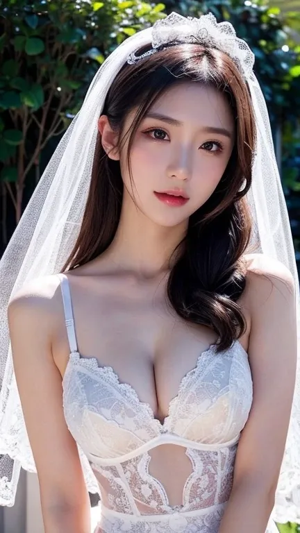  masterpiece ,  quality height ,  4K Resolution  , UHD 32K,  adaptation, live action  , Realistic face,   Realistic skin feeling  , japanese women , , 23 years old  ,, big chest  , Shiny skin , Sexy Thin Wedding Bra - White Lace Pattern/White Nylon-Lace Gl...