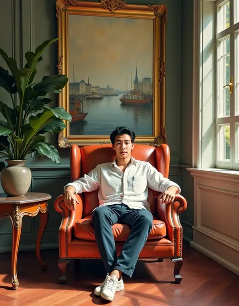 A very handsome young Japanese man wearing comfortable home casual clothes is sitting on a leather sofa chair in a spacious and richly decorated living room. A large Impressionist oil painting hangs on the wall behind him.