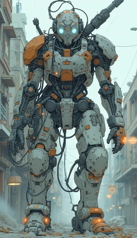 facing the front、Futuristic, heavily armored robot soldier with advanced exoskeleton suit 、 Gundam Barbatos-like silhouette 、 Gundam Barbatos-like design with mixed mechanical and cyborg elements, dark, Rugged, battle-experienced exterior . The suit c...