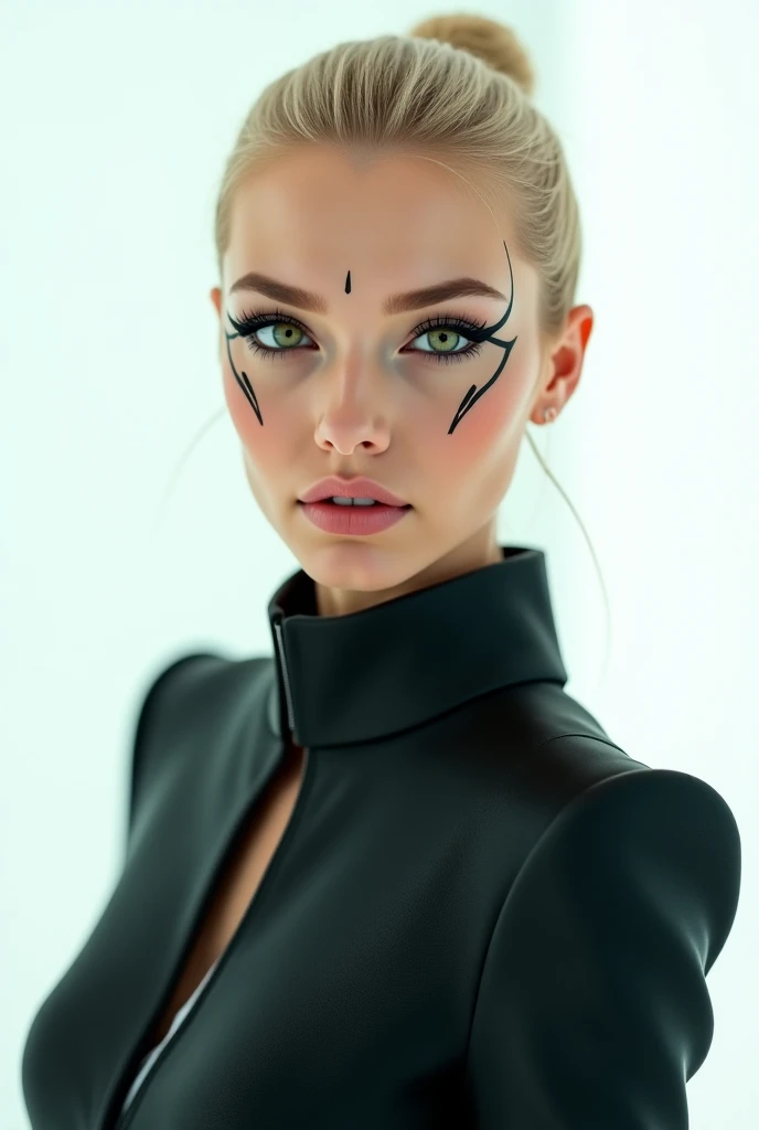 professional looking blonde girl on white background, green eyes with fully tied hair, front position,  dark space silk jacket suit with high collar. Futuristic face makeup
