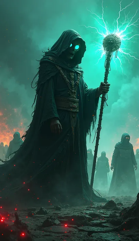 A sinister figure cloaked in tattered, black robes stands at the edge of a chaotic crypto battlefield, their presence radiating an aura of dread. The Cursed Priest of Darksol holds a mace, its glow flickering between neon blue and sickly green. Their face ...