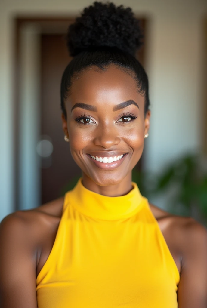 Professional portrait photograph, subject wearing a bright yellow sleeveless top, warm natural lighting, soft background blur, frontal view, gentle smile, well-groomed facial hair, styled black hair with volume on top, clean modern aesthetic, high-quality ...