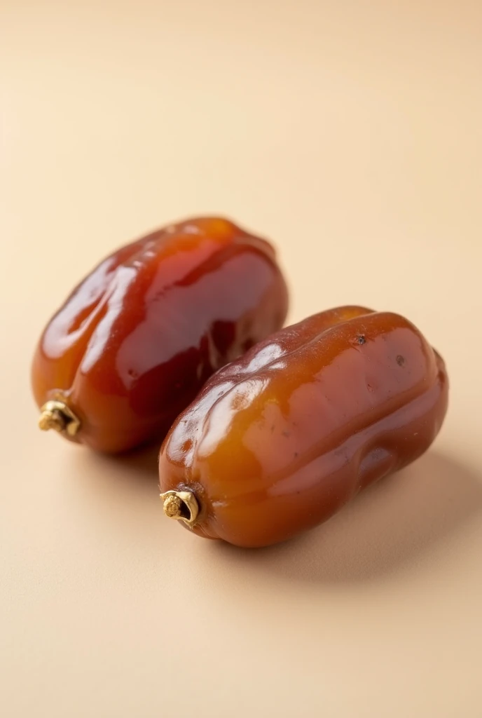  two large dry and brown dates, isolated on a neutral background .  The soft lighting highlights its contours and natural brightness.  The image is clear and detailed , focusing on fruit,  with no other surrounding elements .  The background is simple and ...