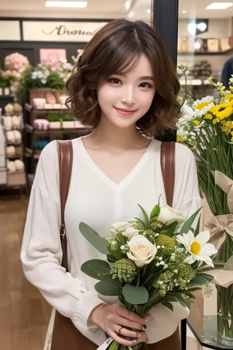 (  TOP QUALITY、 Masterpiece、  high resolution、  please understand  ), (  1 young woman:1.5、 29 years old ), (  eyeliner、  I'm looking at beautiful faces in detail)、(   thick brown hair  、  short hair:1.8、   short unkempt hair 1   .3、  curly hair  :1.2)、  g...