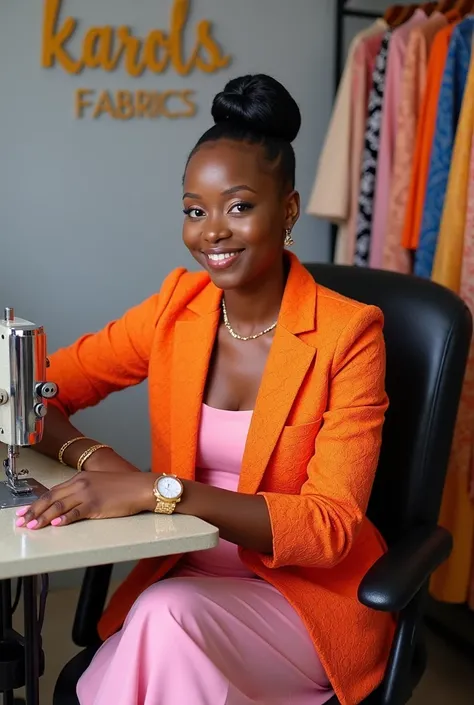 A very fair and beautiful Nigerian lady sitting pretty on a chair wearing an orange lace blazer and a pink skirt with a pink wrist watch and a gold bracelet resting her hand on an industrial sewing machine, a rack of different lace ,vintage,fabrics is behi...