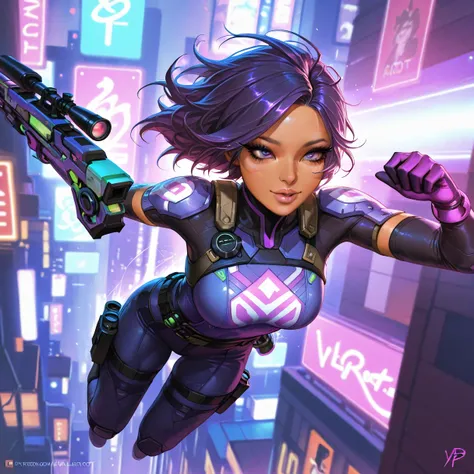 1girl, beautiful detailed eyes, beautiful detailed lips, extremely detailed eyes and face, long eyelashes, wavy purple hair, tan skin, sexy body, neon pistol, jumping, sniper gear, valorant riot game character, round face, realistic lighting, radio city