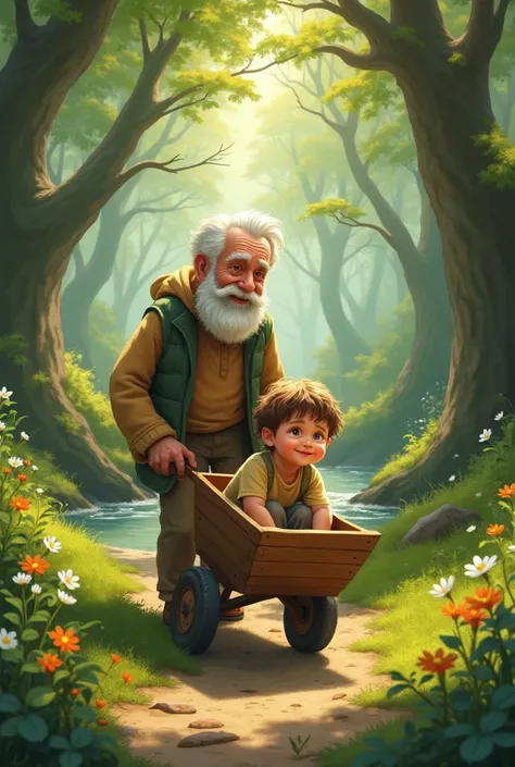  with his grandfather in a wheelbarrow in the forest