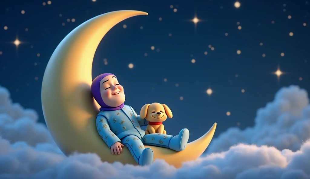 A sleeping Buzz Lightyear wearing blue pajamas with a playful print, sitting on a crescent moon. He has a joyful expression, eyes closed, with a small yellow dog beside him, also smiling. The background features a starry night sky and soft clouds, creating...