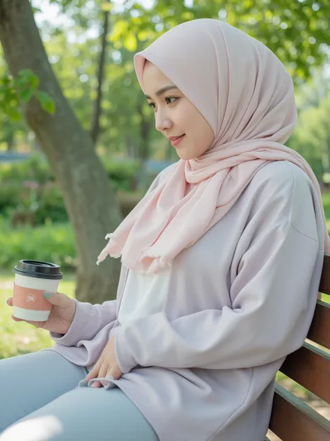 A young woman wearing a pastel-colored hijab, sitting casually on a bench in a park. She holds a cup of coffee in one hand while her other hand rests on her lap. Her posture is relaxed, with a gentle smile on her face as she gazes at something in the dista...