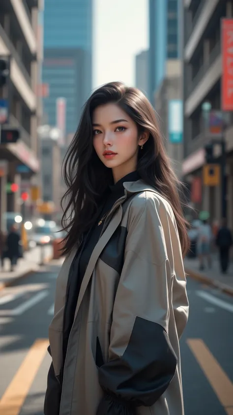 Beautiful woman in windbreaker standing at the crossroads of the city, Full Body Portrait,portrait photography,fashion photography, Street Photography , Magazine Photography 