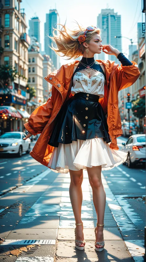 Beautiful woman in windbreaker standing at the crossroads of the city, Full Body Portrait,portrait photography,fashion photography, Street Photography , Magazine Photography 