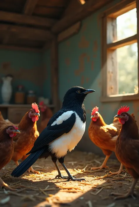 magpie with a broken wing in a chicken coop