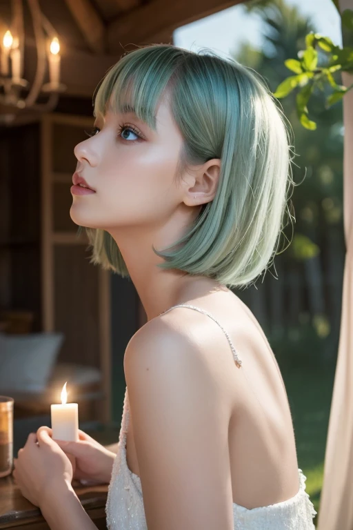 Masterpiece,  best quality , ULTRA DETAILS, hyperdetail,   cinematic lights ,,  1 girl, Solo, ,  outdoor, Summer House, ting in the Summer House,  plant,  table ,  chandelier,  candle, wind,  green eyes, Pan green silver hair,  short hair, animal_S, animal...