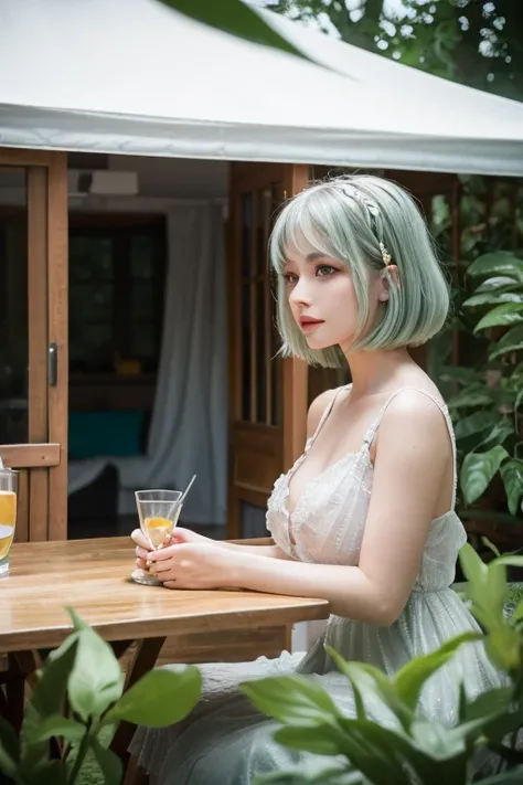 Masterpiece,  best quality , ULTRA DETAILS, hyperdetail,   cinematic lights ,,  1 girl, Solo, ,  outdoor, Summer House, ting in the Summer House,  plant,  table ,  chandelier,  candle, wind,  green eyes, Pan green silver hair,  short hair, animal_S, animal...