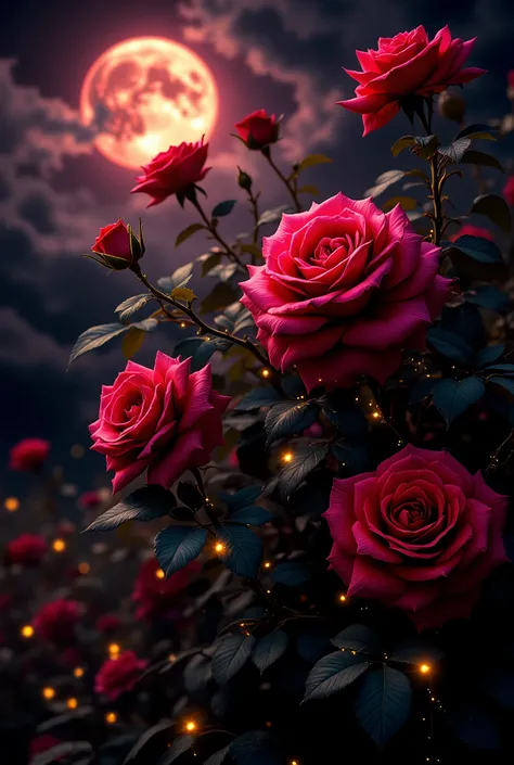 Fantasy, a beautiful rose bush with beautiful thorns and beautiful flowers and the leaves are all very detailed ,  along the bush, the patterns are beautiful golden with a slight glow against the background of the night and the moon and the magic that colo...
