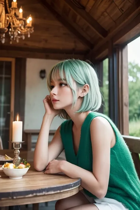 Masterpiece,  best quality , ULTRA DETAILS, hyperdetail,   cinematic lights ,,  1 girl, Solo, ,  outdoor, Summer House, ting in the Summer House,  plant,  table ,  chandelier,  candle, wind,  green eyes, Pan green silver hair,  short hair, animal_S, animal...