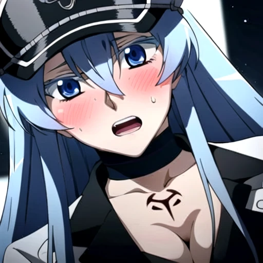 Esdeath, (aroused facial expression), open mouth, blush, sweat, breasts, large breasts, (hat), cleavage, choker, hair between eyes, (uniform), military, (military uniform), tattoo, (peaked cap), chest_tattoo, (simple dark background), facing down, looking ...