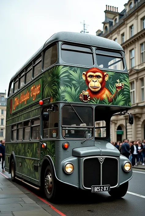  A bar truck on a London double-decker bus  ,  in gray with a jungle style and as a logo a monkey holding a drink in its hand,  the name on the side of the bus must be the shuttle flight  ,  the upper part of the bus must be set up like a room for customer...