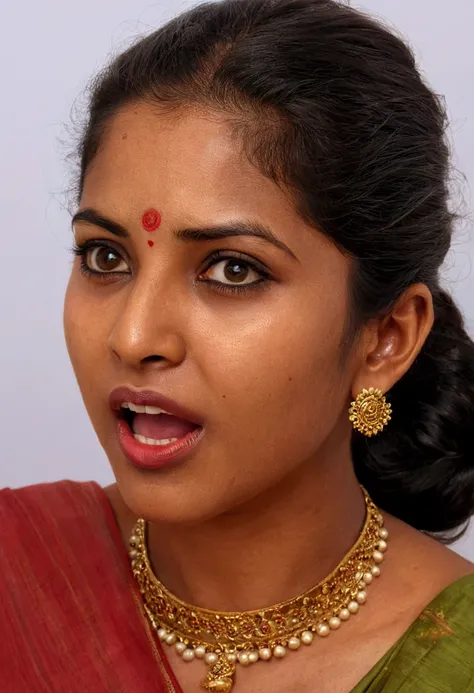 Ultra detailed photo of tamil woman, beautiful girl, highest quality realistic skin, eyes in focus, 40 years old, focus on mouth, open mouth, saliva, open mouth wide, inside of mouth visible, ponytail hair, mouth open wide, uvula visible, mouth open wide y...