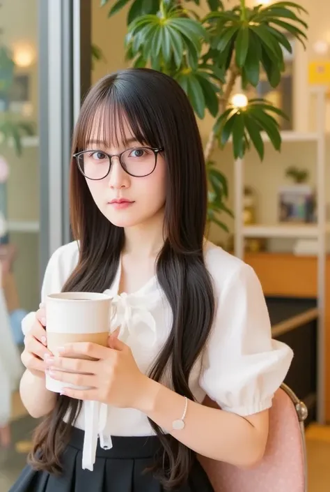 A young woman with short, straight black hair and glasses, wearing a white blouse and black skirt. She is sitting at a coffee shop, looking thoughtfully out the window, with a warm cup of coffee in front of her. The background features cozy, soft lighting ...