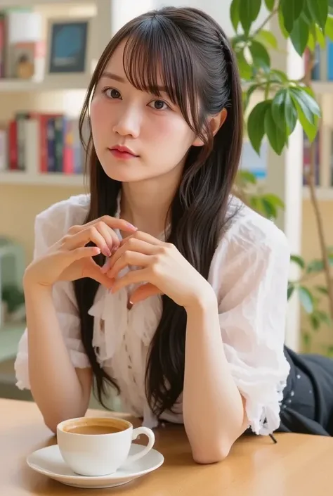 A young woman with short, straight black hair and glasses, wearing a white blouse and black skirt. She is sitting at a coffee shop, looking thoughtfully out the window, with a warm cup of coffee in front of her. The background features cozy, soft lighting ...