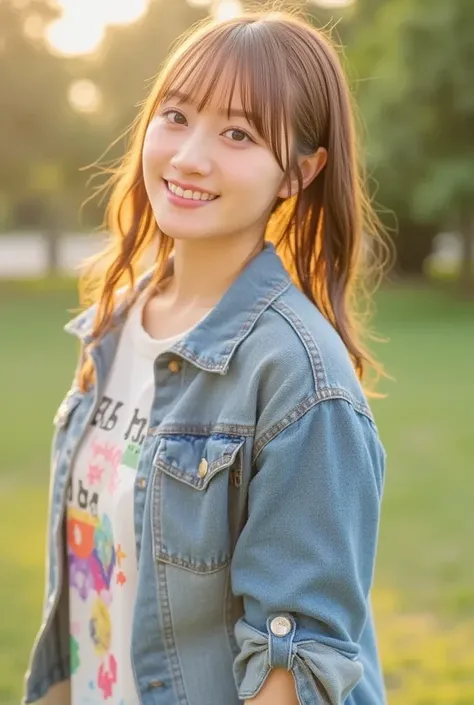 A teenage girl with long, curly blonde hair, wearing a casual denim jacket over a graphic T-shirt. She is standing in a park during sunset, with a bright smile and hands in her pockets. The golden hour lighting creates a warm, cheerful atmosphere around he...