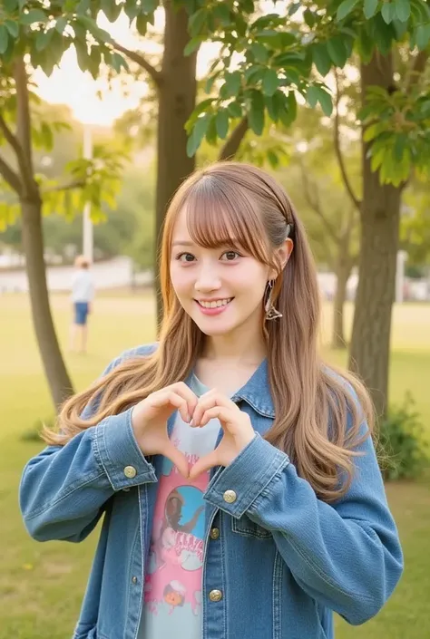 A teenage girl with long, curly blonde hair, wearing a casual denim jacket over a graphic T-shirt. She is standing in a park during sunset, with a bright smile and hands in her pockets. The golden hour lighting creates a warm, cheerful atmosphere around he...