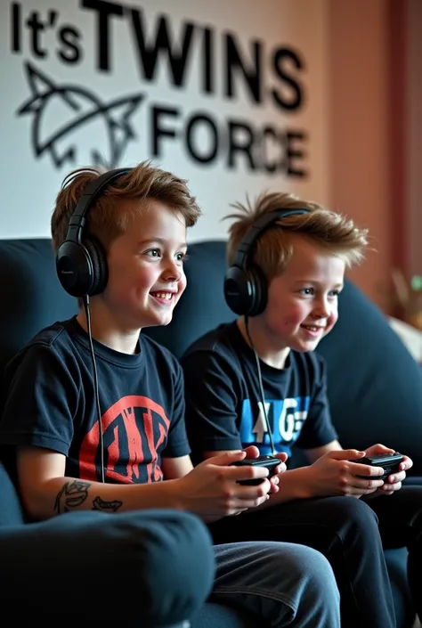 Two fraternal twins one boy will have a tattoo the other boy will have a little long hair without a tattoo and wear headphones playing electronic games and on the wall behind him is written a sign with big letters It'sTwinsForce