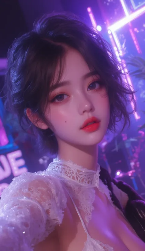 Realistic Korean woman, round face, almond-shaped eyes with subtle eyeliner, fair porcelain skin, small mole on her cheek, bright red lipstick with high color payoff, slightly pouty expression, short black wavy bob haircut with hair clip, wearing a black f...